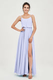 Spaghetti Straps Chiffon A Line Bridesmaid Dress Long Ruched Formal Evening Dresses with Slit