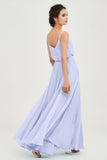Spaghetti Straps Chiffon A Line Bridesmaid Dress Long Ruched Formal Evening Dresses with Slit