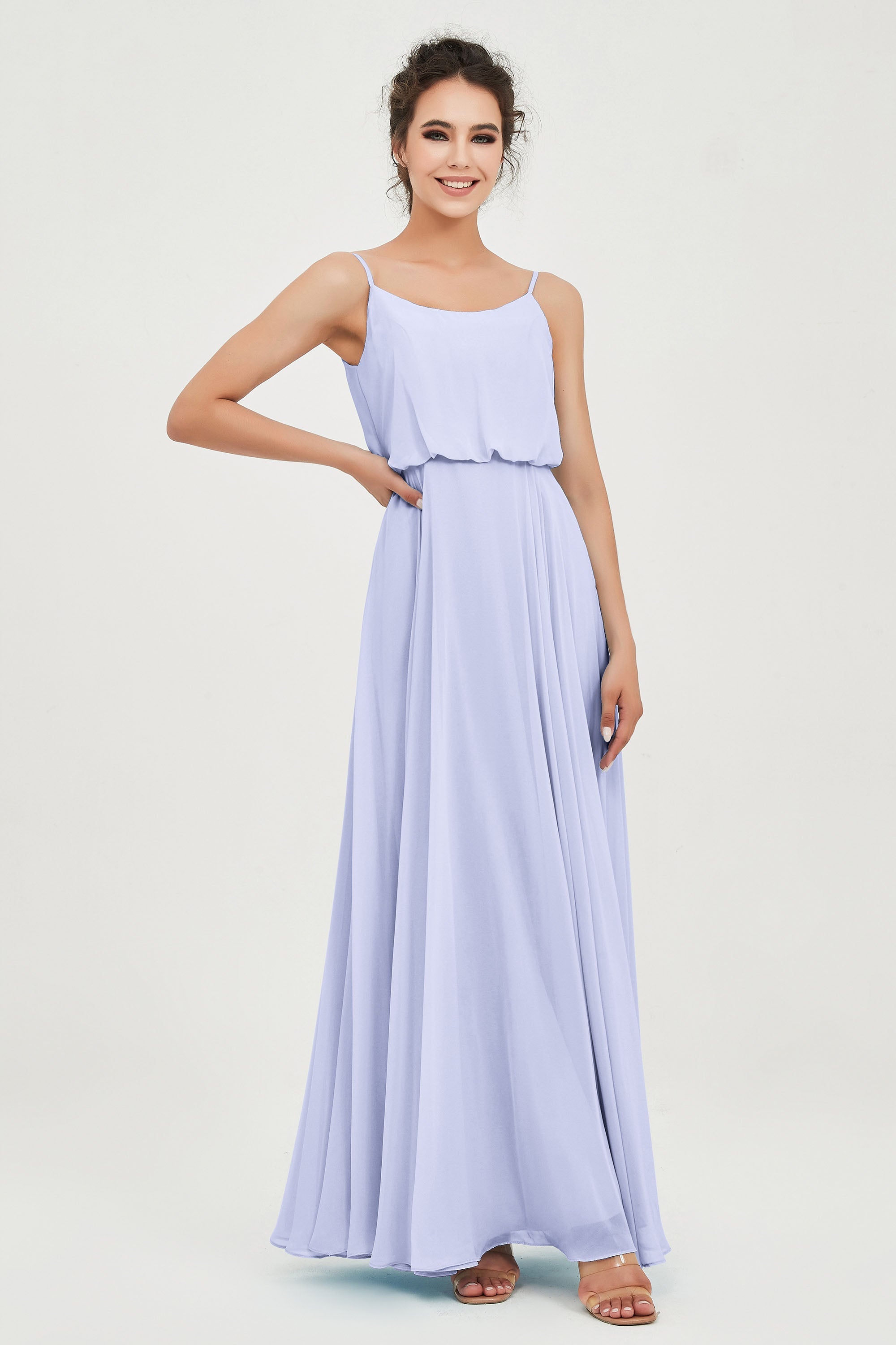 Spaghetti Straps Chiffon A Line Bridesmaid Dress Long Ruched Formal Evening Dresses with Slit