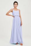 Spaghetti Straps Chiffon A Line Bridesmaid Dress Long Ruched Formal Evening Dresses with Slit