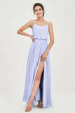 Spaghetti Straps Chiffon A Line Bridesmaid Dress Long Ruched Formal Evening Dresses with Slit