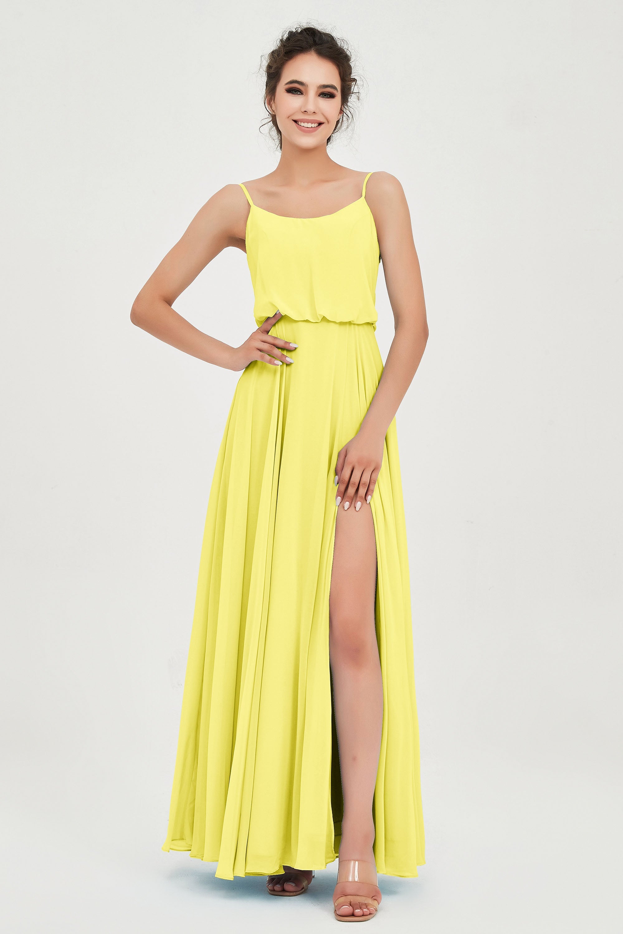 Spaghetti Straps Chiffon A Line Bridesmaid Dress Long Ruched Formal Evening Dresses with Slit