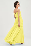 Spaghetti Straps Chiffon A Line Bridesmaid Dress Long Ruched Formal Evening Dresses with Slit