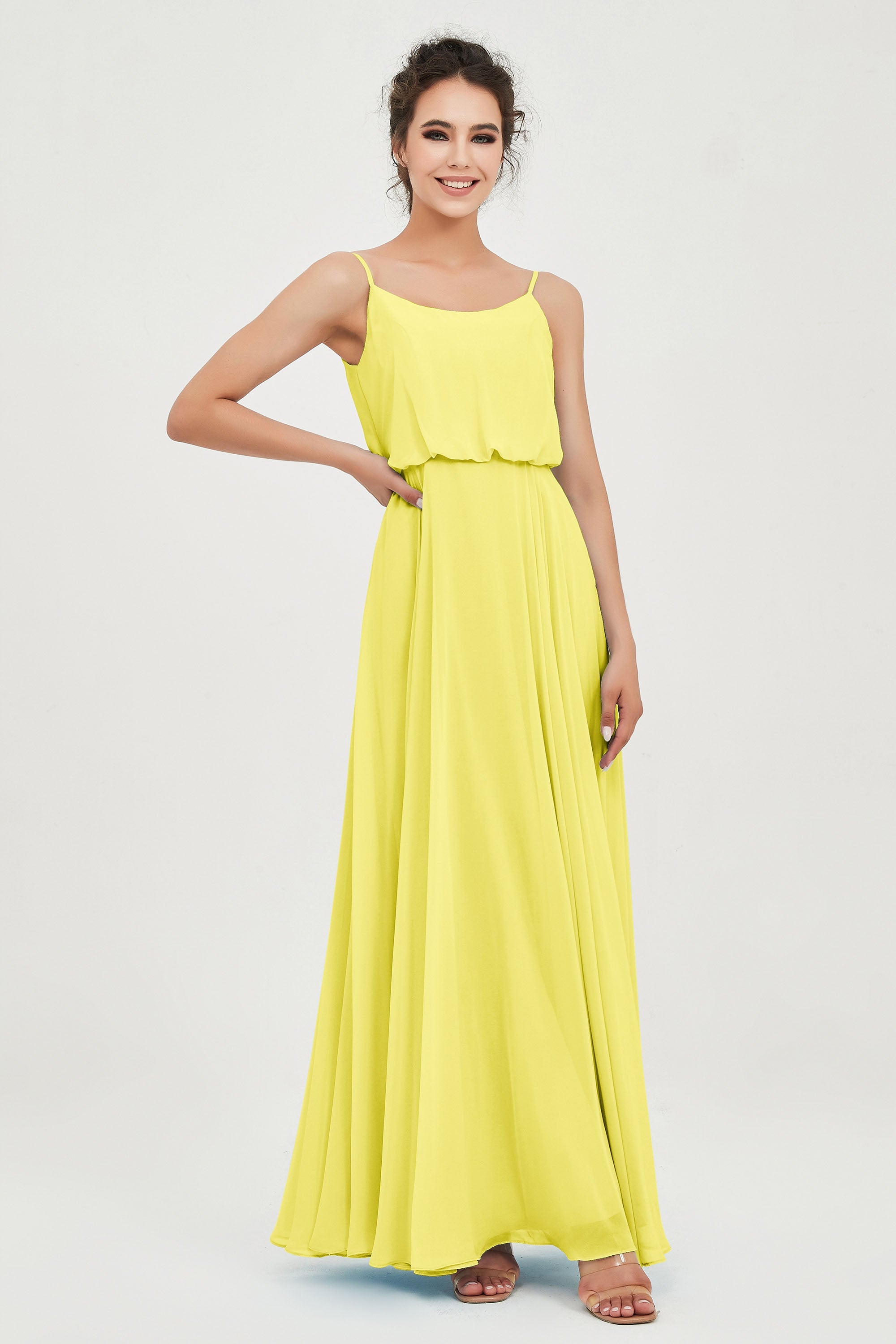 Spaghetti Straps Chiffon A Line Bridesmaid Dress Long Ruched Formal Evening Dresses with Slit