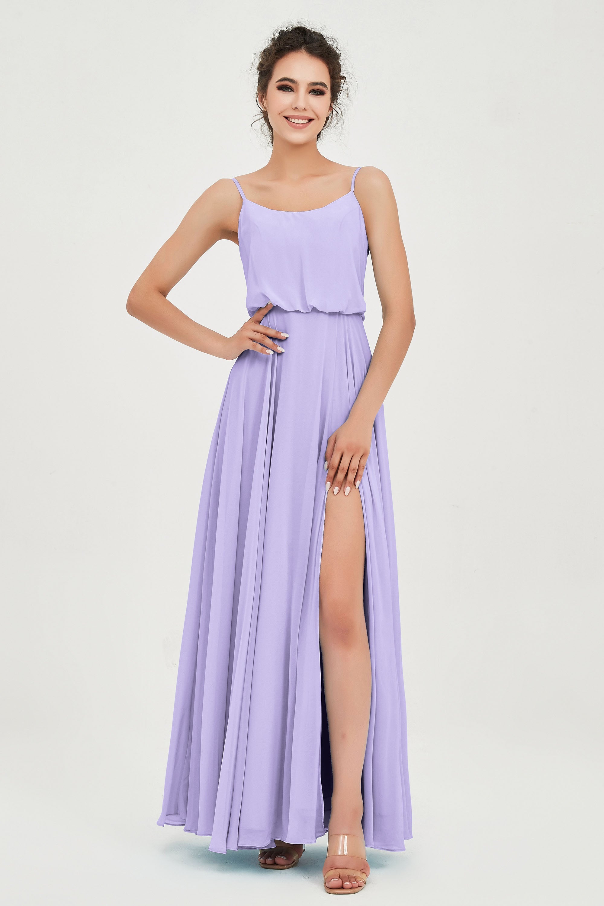 Spaghetti Straps Chiffon A Line Bridesmaid Dress Long Ruched Formal Evening Dresses with Slit