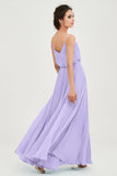 Spaghetti Straps Chiffon A Line Bridesmaid Dress Long Ruched Formal Evening Dresses with Slit