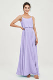 Spaghetti Straps Chiffon A Line Bridesmaid Dress Long Ruched Formal Evening Dresses with Slit