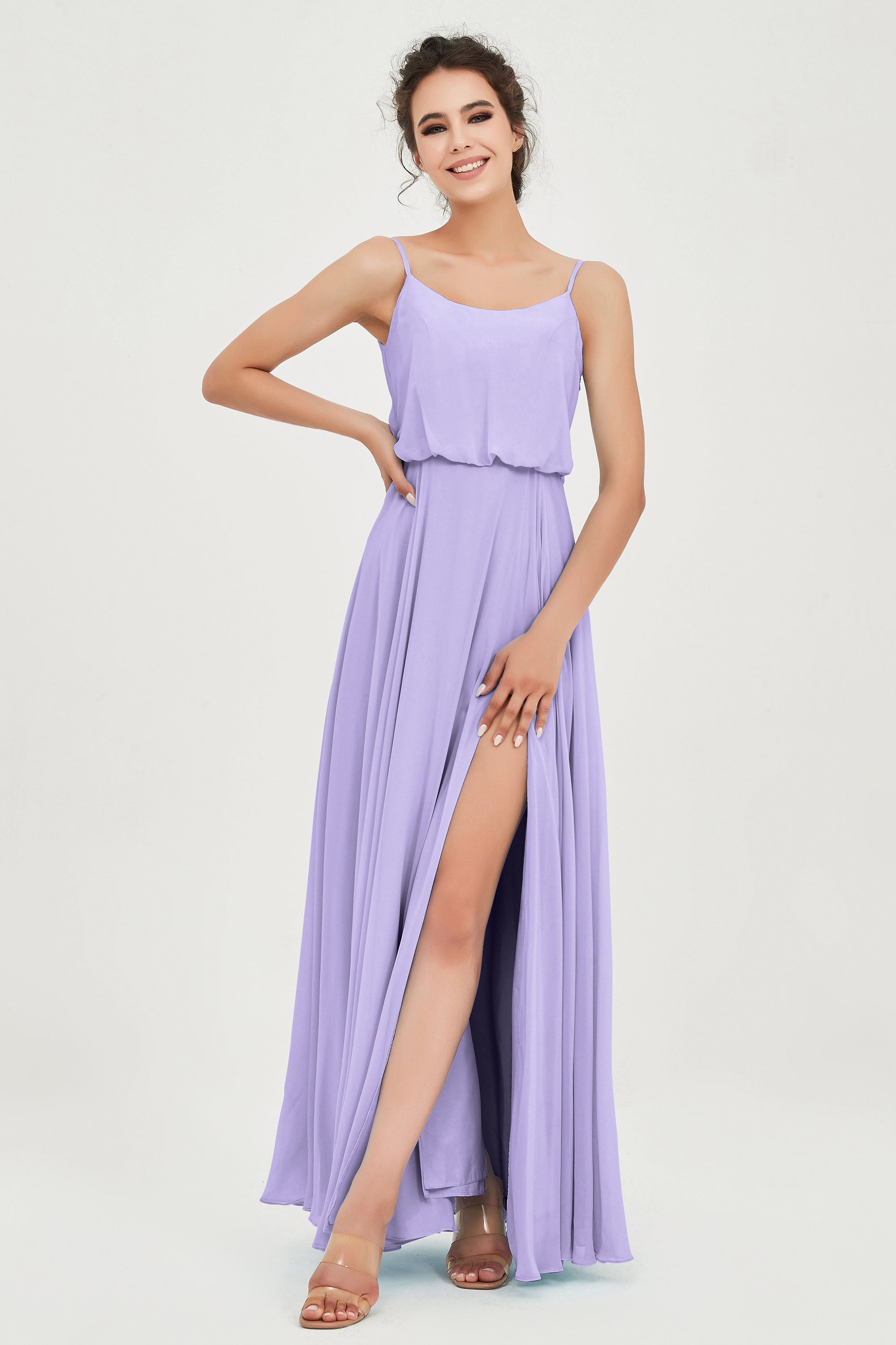 Spaghetti Straps Chiffon A Line Bridesmaid Dress Long Ruched Formal Evening Dresses with Slit