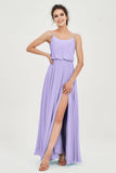 Spaghetti Straps Chiffon A Line Bridesmaid Dress Long Ruched Formal Evening Dresses with Slit