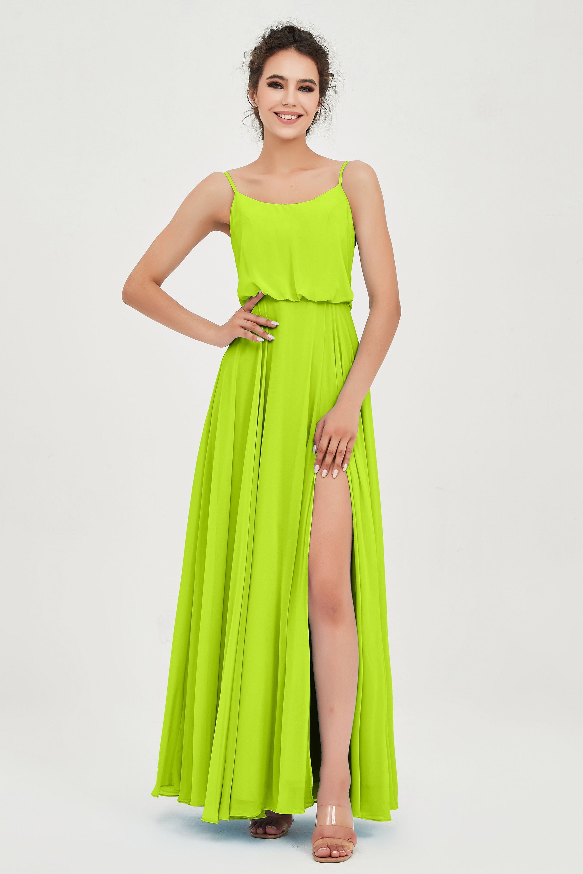 Spaghetti Straps Chiffon A Line Bridesmaid Dress Long Ruched Formal Evening Dresses with Slit