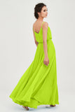 Spaghetti Straps Chiffon A Line Bridesmaid Dress Long Ruched Formal Evening Dresses with Slit
