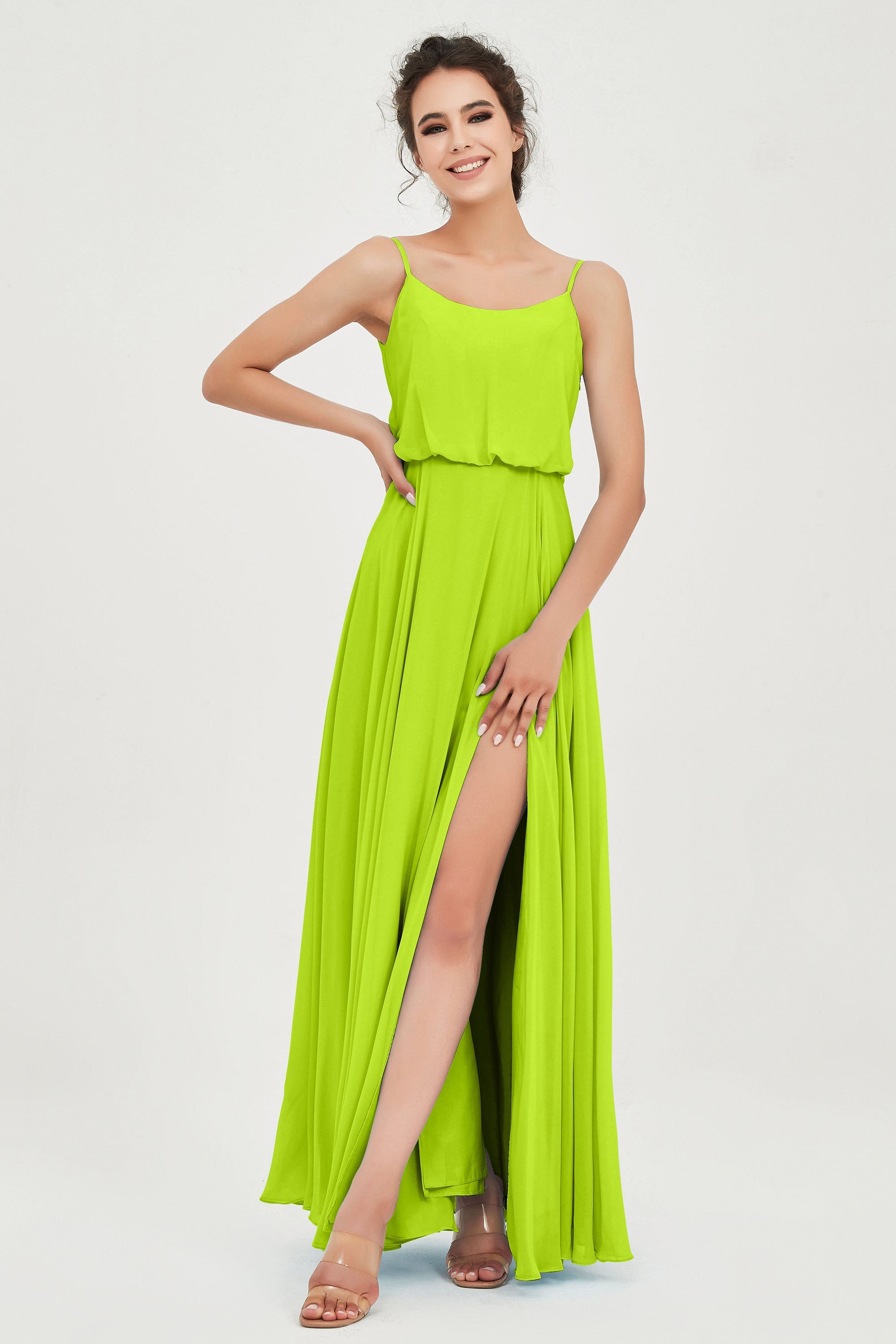 Spaghetti Straps Chiffon A Line Bridesmaid Dress Long Ruched Formal Evening Dresses with Slit