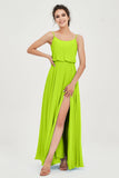 Spaghetti Straps Chiffon A Line Bridesmaid Dress Long Ruched Formal Evening Dresses with Slit
