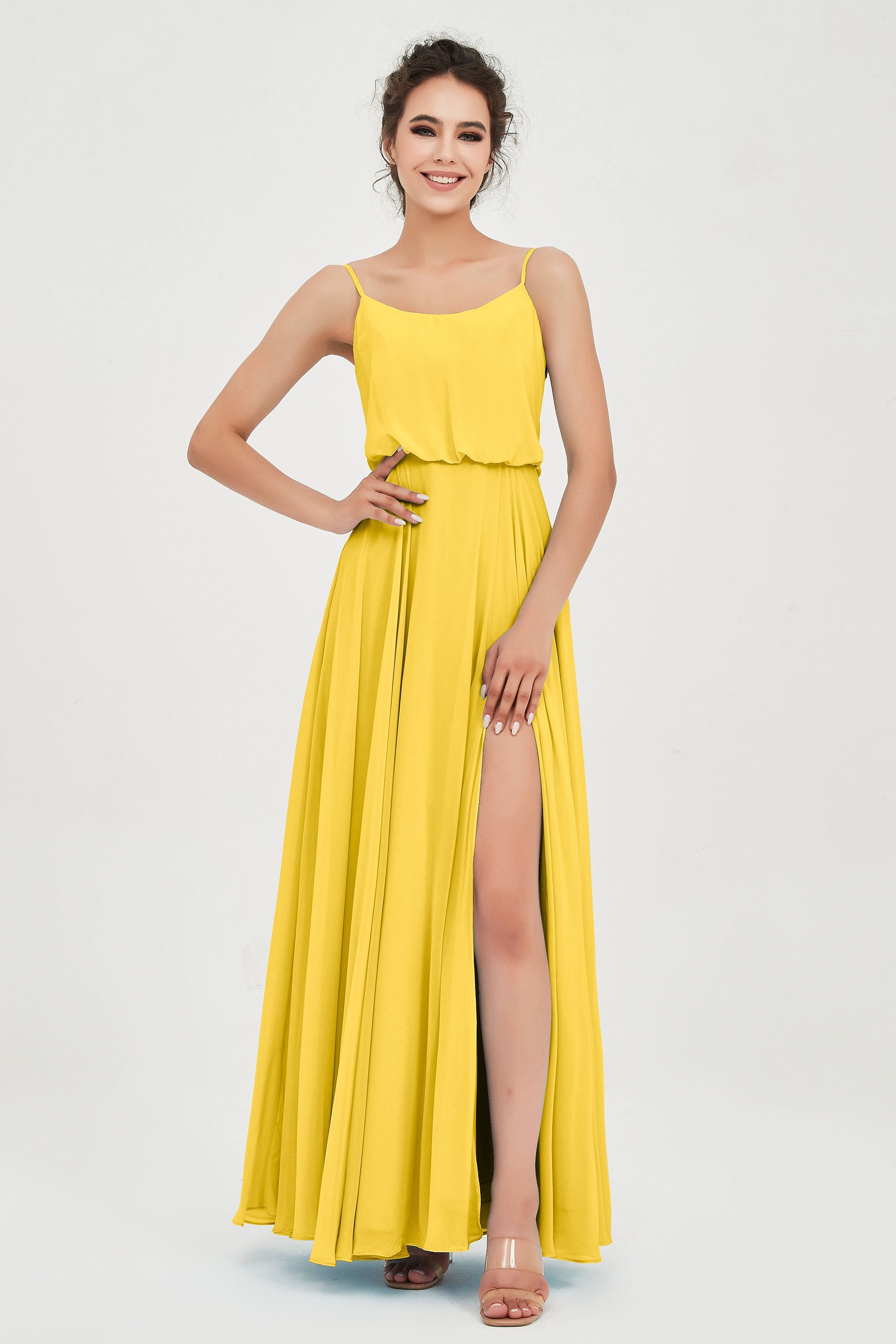 Spaghetti Straps Chiffon A Line Bridesmaid Dress Long Ruched Formal Evening Dresses with Slit
