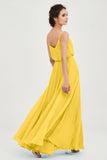 Spaghetti Straps Chiffon A Line Bridesmaid Dress Long Ruched Formal Evening Dresses with Slit