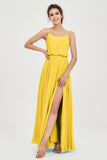 Spaghetti Straps Chiffon A Line Bridesmaid Dress Long Ruched Formal Evening Dresses with Slit