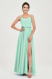 Spaghetti Straps Chiffon A Line Bridesmaid Dress Long Ruched Formal Evening Dresses with Slit
