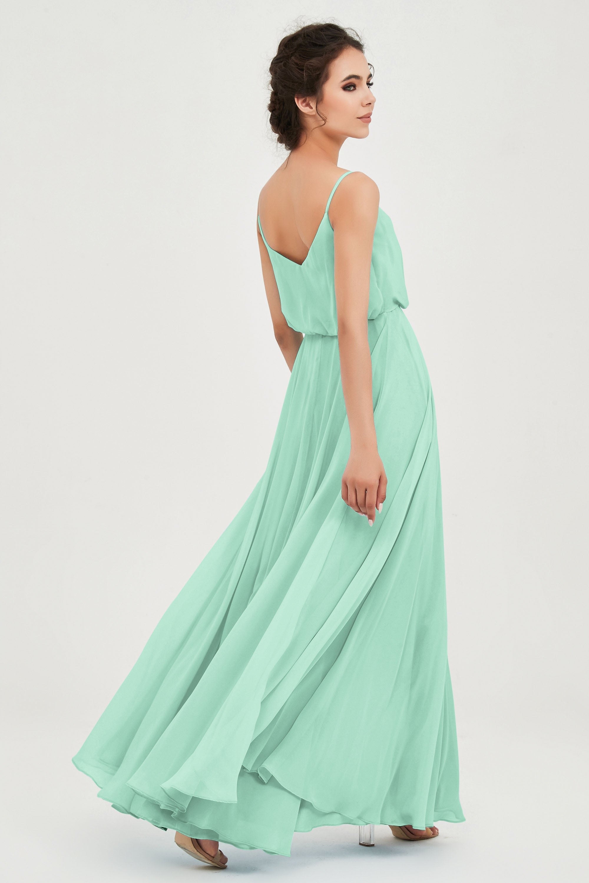 Spaghetti Straps Chiffon A Line Bridesmaid Dress Long Ruched Formal Evening Dresses with Slit