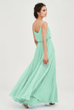 Spaghetti Straps Chiffon A Line Bridesmaid Dress Long Ruched Formal Evening Dresses with Slit