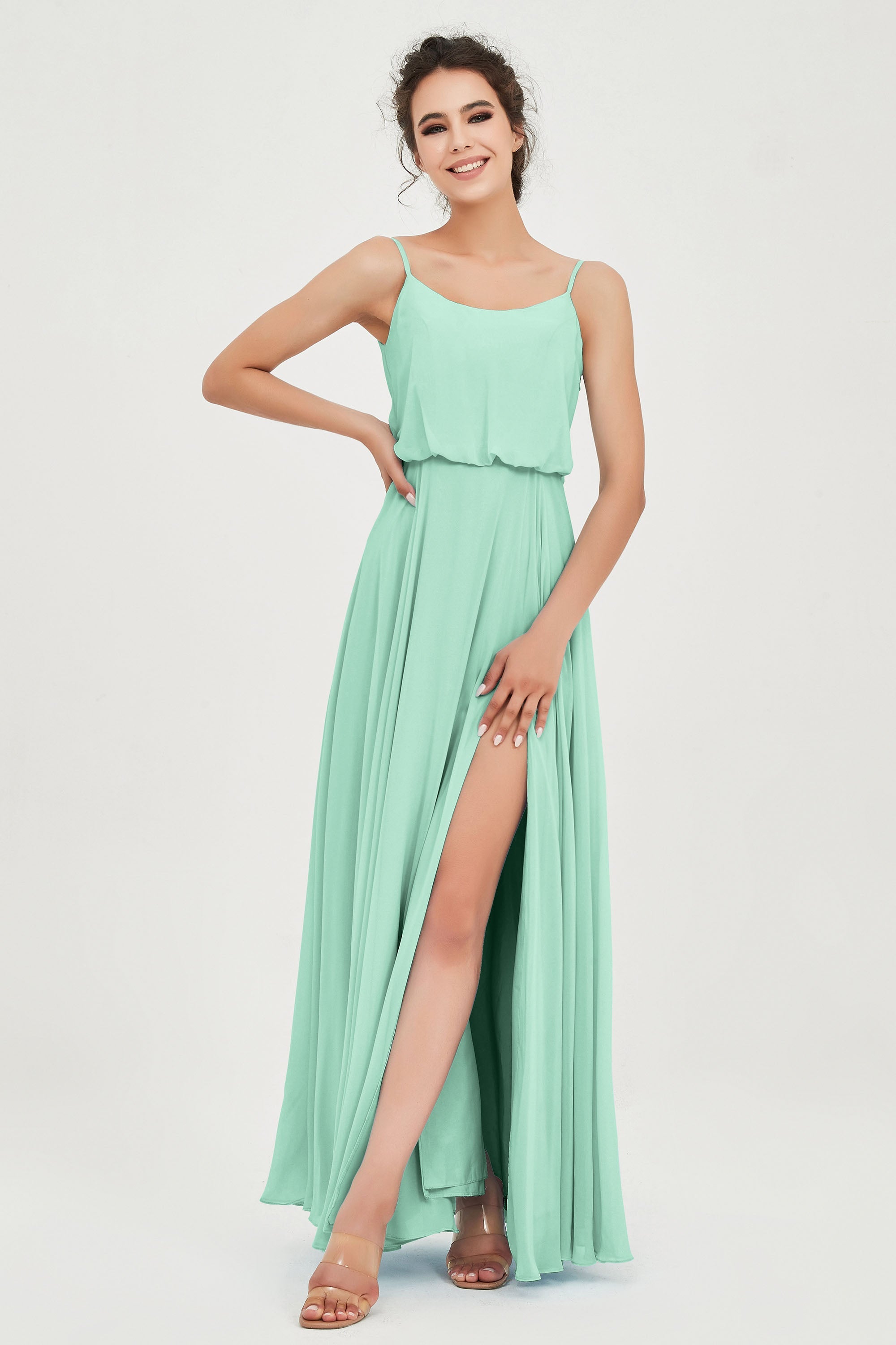 Spaghetti Straps Chiffon A Line Bridesmaid Dress Long Ruched Formal Evening Dresses with Slit