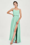 Spaghetti Straps Chiffon A Line Bridesmaid Dress Long Ruched Formal Evening Dresses with Slit