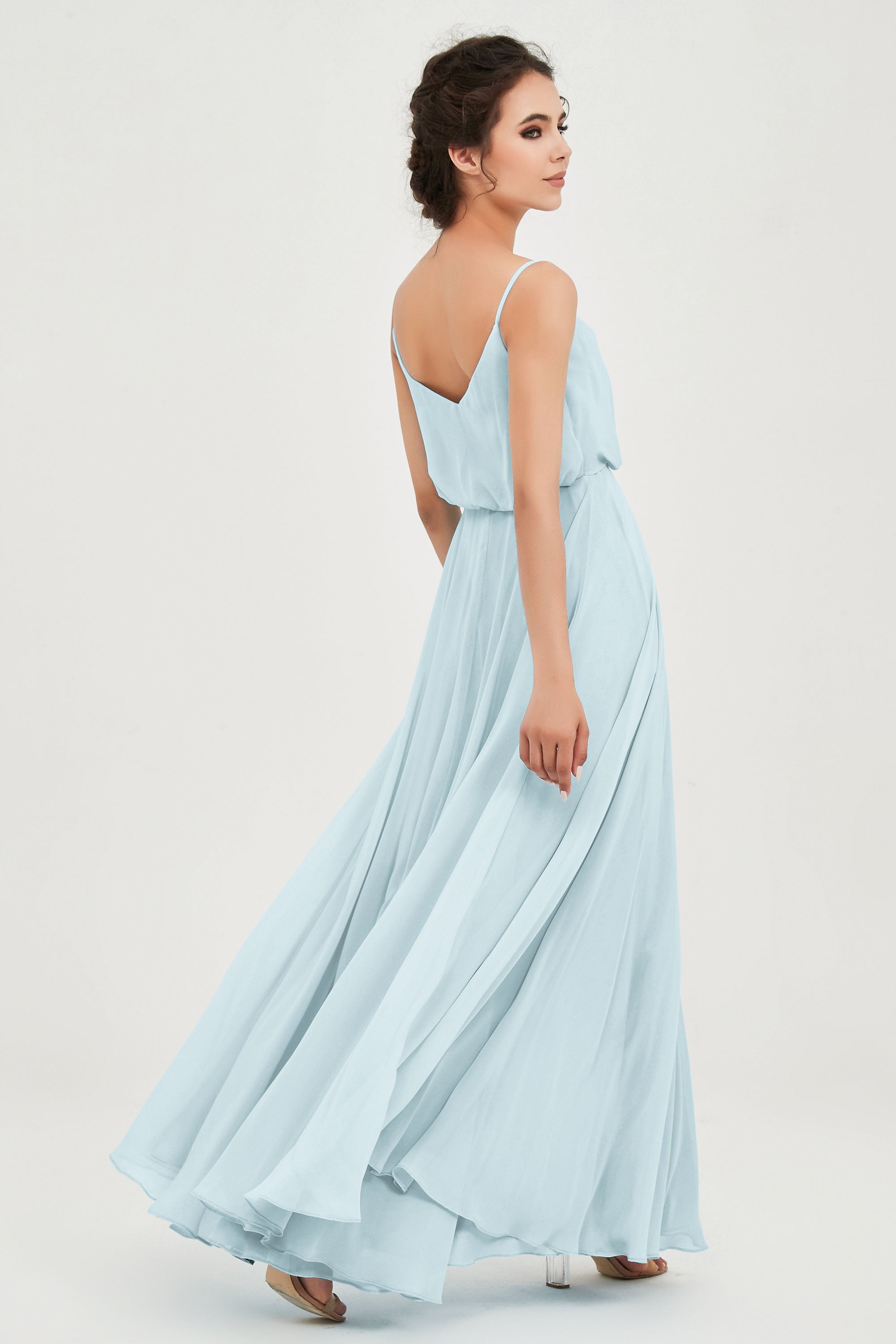 Spaghetti Straps Chiffon A Line Bridesmaid Dress Long Ruched Formal Evening Dresses with Slit
