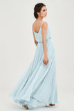 Spaghetti Straps Chiffon A Line Bridesmaid Dress Long Ruched Formal Evening Dresses with Slit