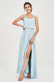 Spaghetti Straps Chiffon A Line Bridesmaid Dress Long Ruched Formal Evening Dresses with Slit
