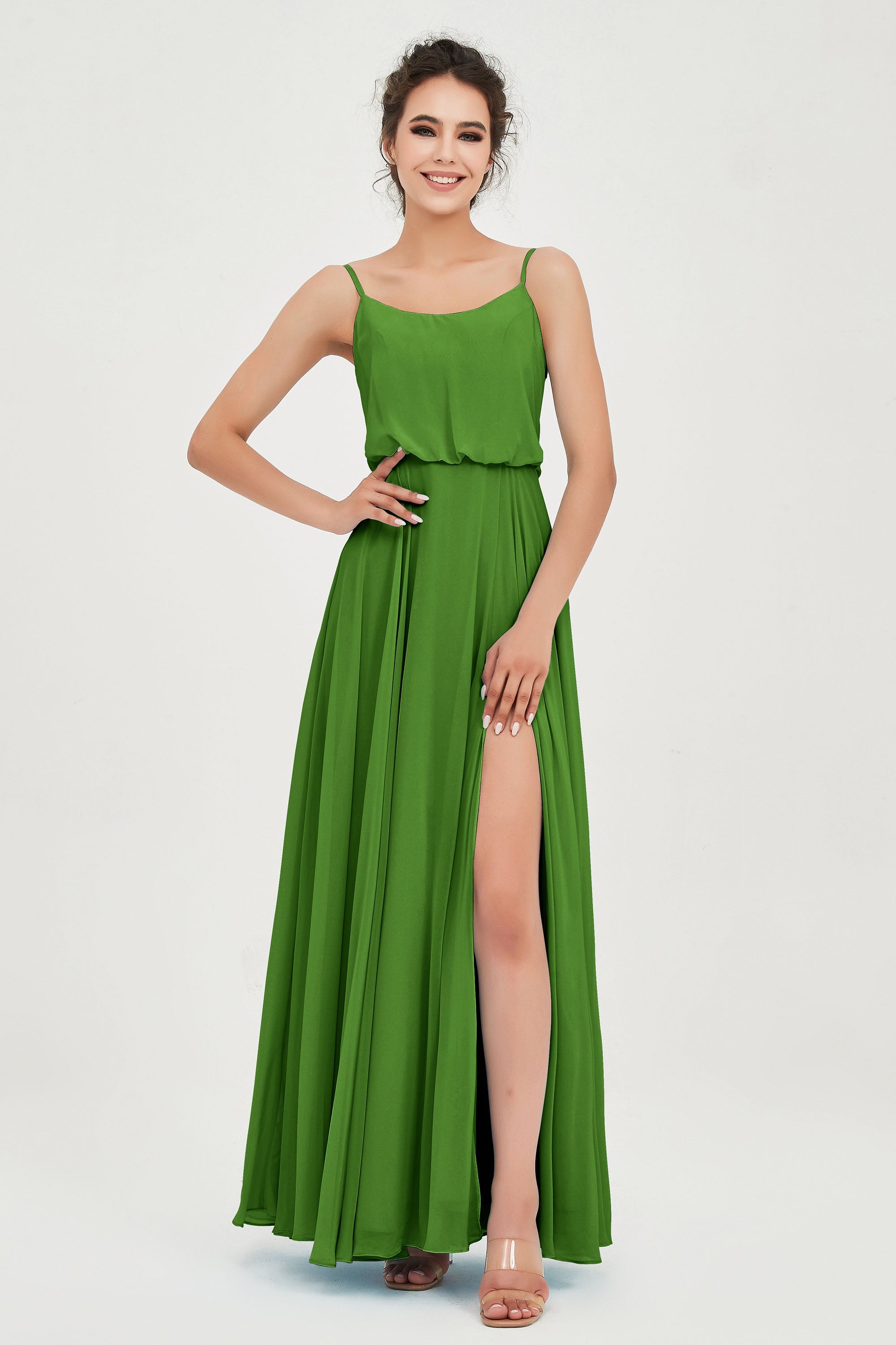 Spaghetti Straps Chiffon A Line Bridesmaid Dress Long Ruched Formal Evening Dresses with Slit