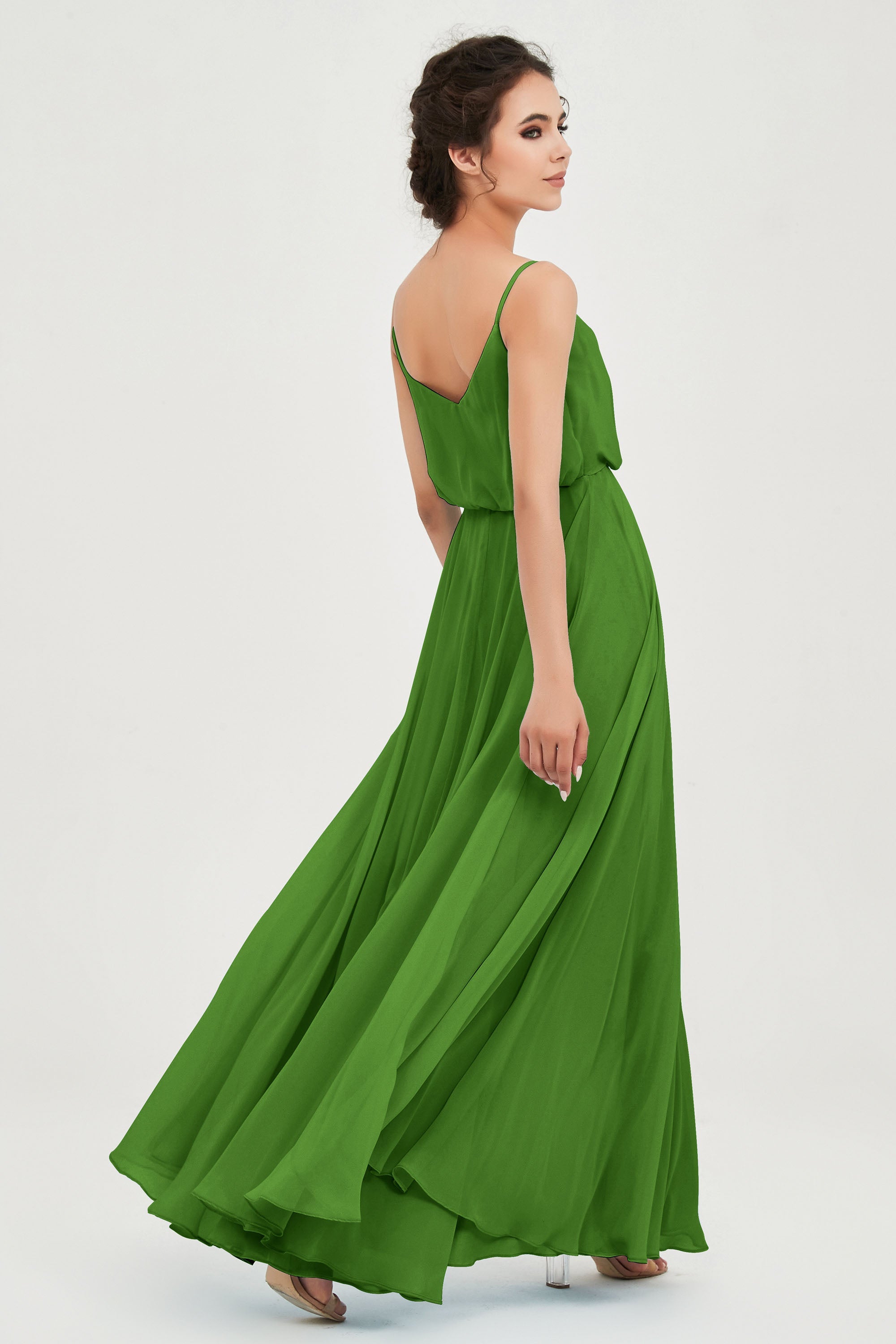 Spaghetti Straps Chiffon A Line Bridesmaid Dress Long Ruched Formal Evening Dresses with Slit