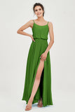 Spaghetti Straps Chiffon A Line Bridesmaid Dress Long Ruched Formal Evening Dresses with Slit