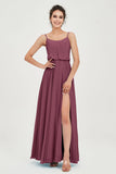 Spaghetti Straps Chiffon A Line Bridesmaid Dress Long Ruched Formal Evening Dresses with Slit