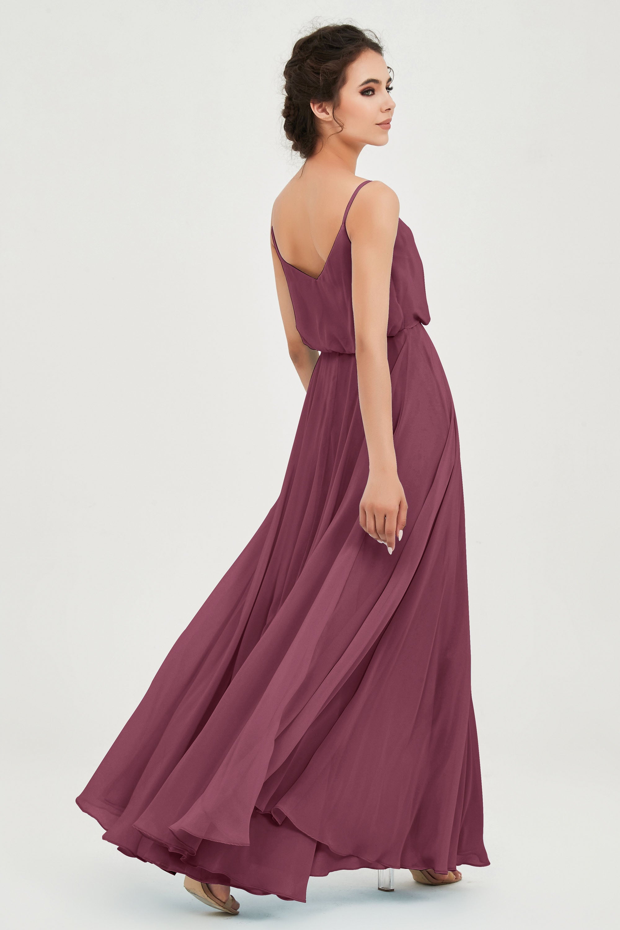 Spaghetti Straps Chiffon A Line Bridesmaid Dress Long Ruched Formal Evening Dresses with Slit