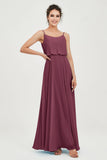 Spaghetti Straps Chiffon A Line Bridesmaid Dress Long Ruched Formal Evening Dresses with Slit