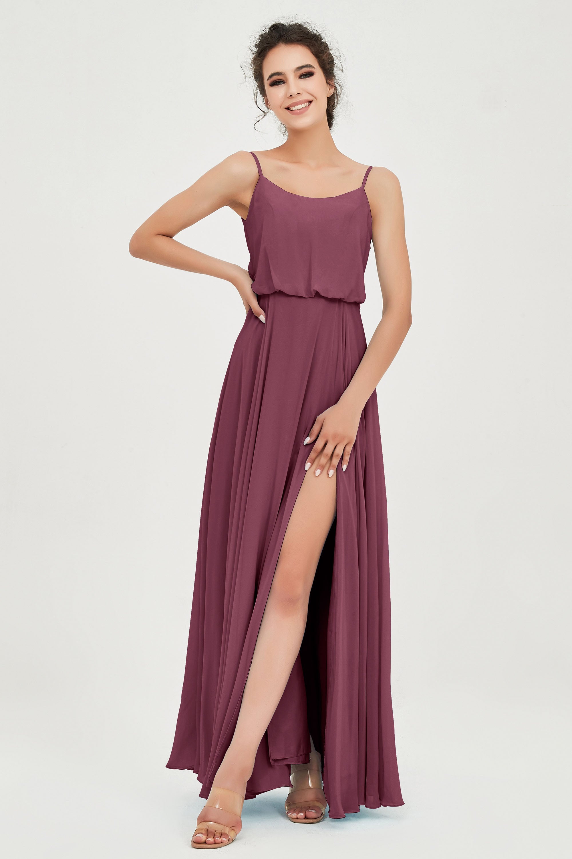 Spaghetti Straps Chiffon A Line Bridesmaid Dress Long Ruched Formal Evening Dresses with Slit