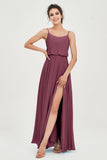 Spaghetti Straps Chiffon A Line Bridesmaid Dress Long Ruched Formal Evening Dresses with Slit