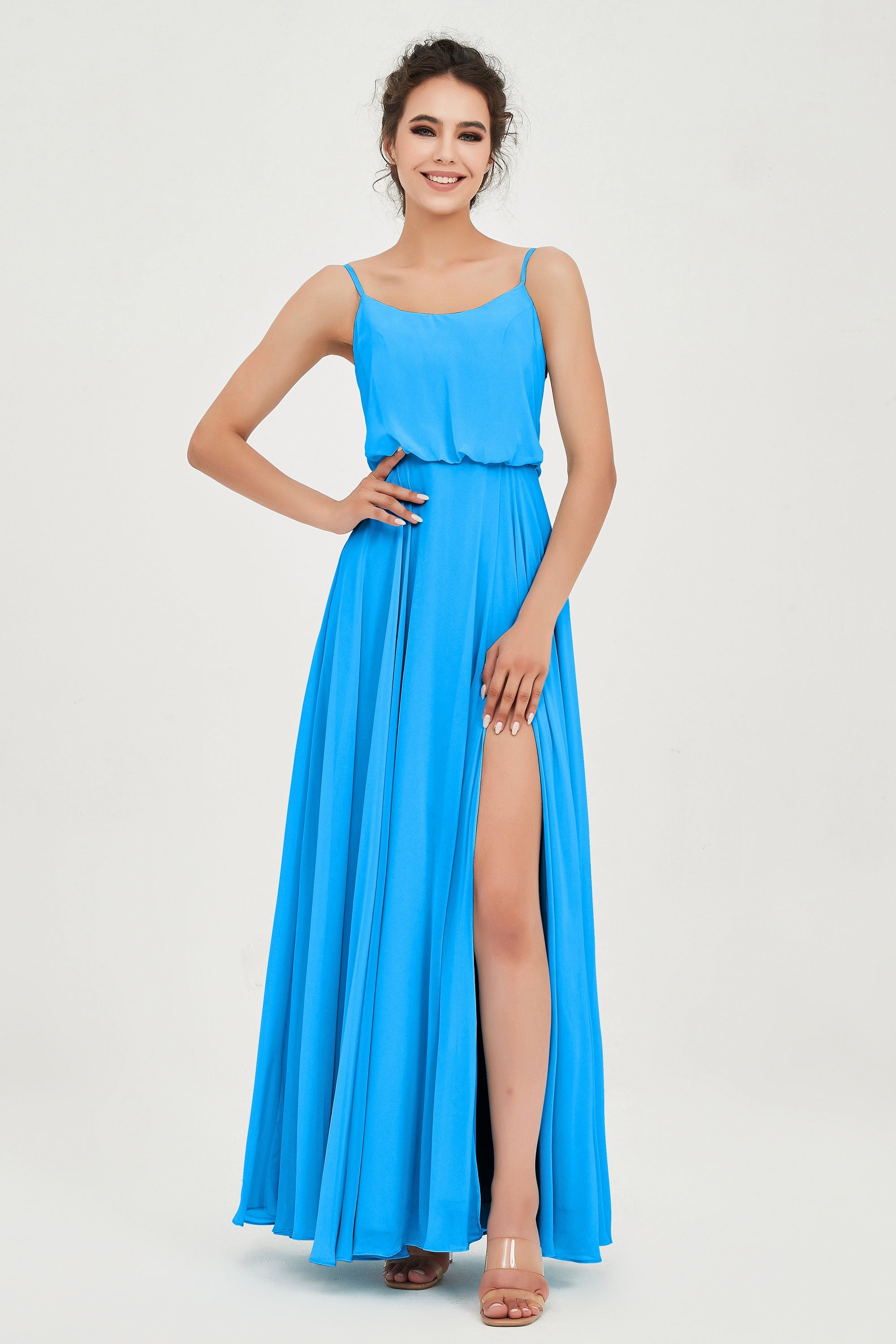 Spaghetti Straps Chiffon A Line Bridesmaid Dress Long Ruched Formal Evening Dresses with Slit