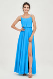 Spaghetti Straps Chiffon A Line Bridesmaid Dress Long Ruched Formal Evening Dresses with Slit