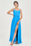 Spaghetti Straps Chiffon A Line Bridesmaid Dress Long Ruched Formal Evening Dresses with Slit