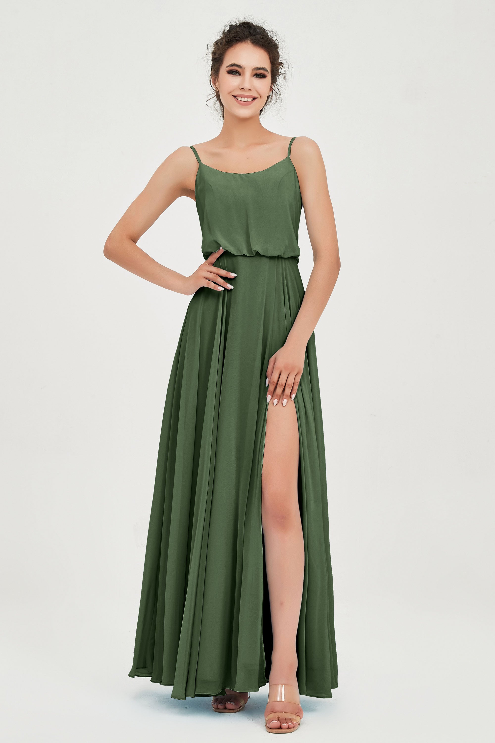 Spaghetti Straps Chiffon A Line Bridesmaid Dress Long Ruched Formal Evening Dresses with Slit