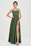 Spaghetti Straps Chiffon A Line Bridesmaid Dress Long Ruched Formal Evening Dresses with Slit