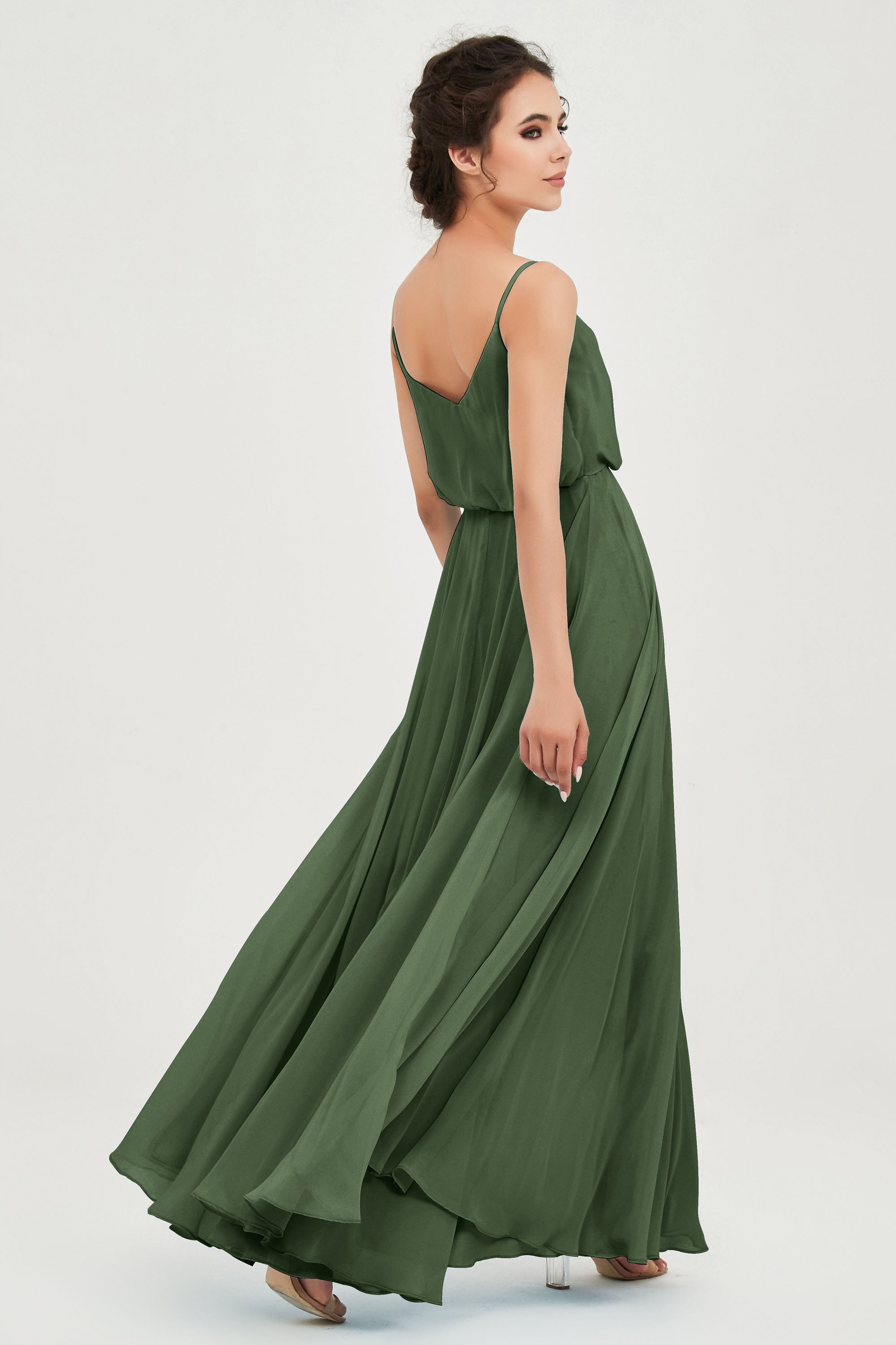 Spaghetti Straps Chiffon A Line Bridesmaid Dress Long Ruched Formal Evening Dresses with Slit