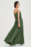 Spaghetti Straps Chiffon A Line Bridesmaid Dress Long Ruched Formal Evening Dresses with Slit