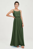 Spaghetti Straps Chiffon A Line Bridesmaid Dress Long Ruched Formal Evening Dresses with Slit