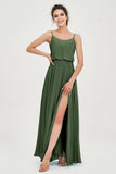Spaghetti Straps Chiffon A Line Bridesmaid Dress Long Ruched Formal Evening Dresses with Slit