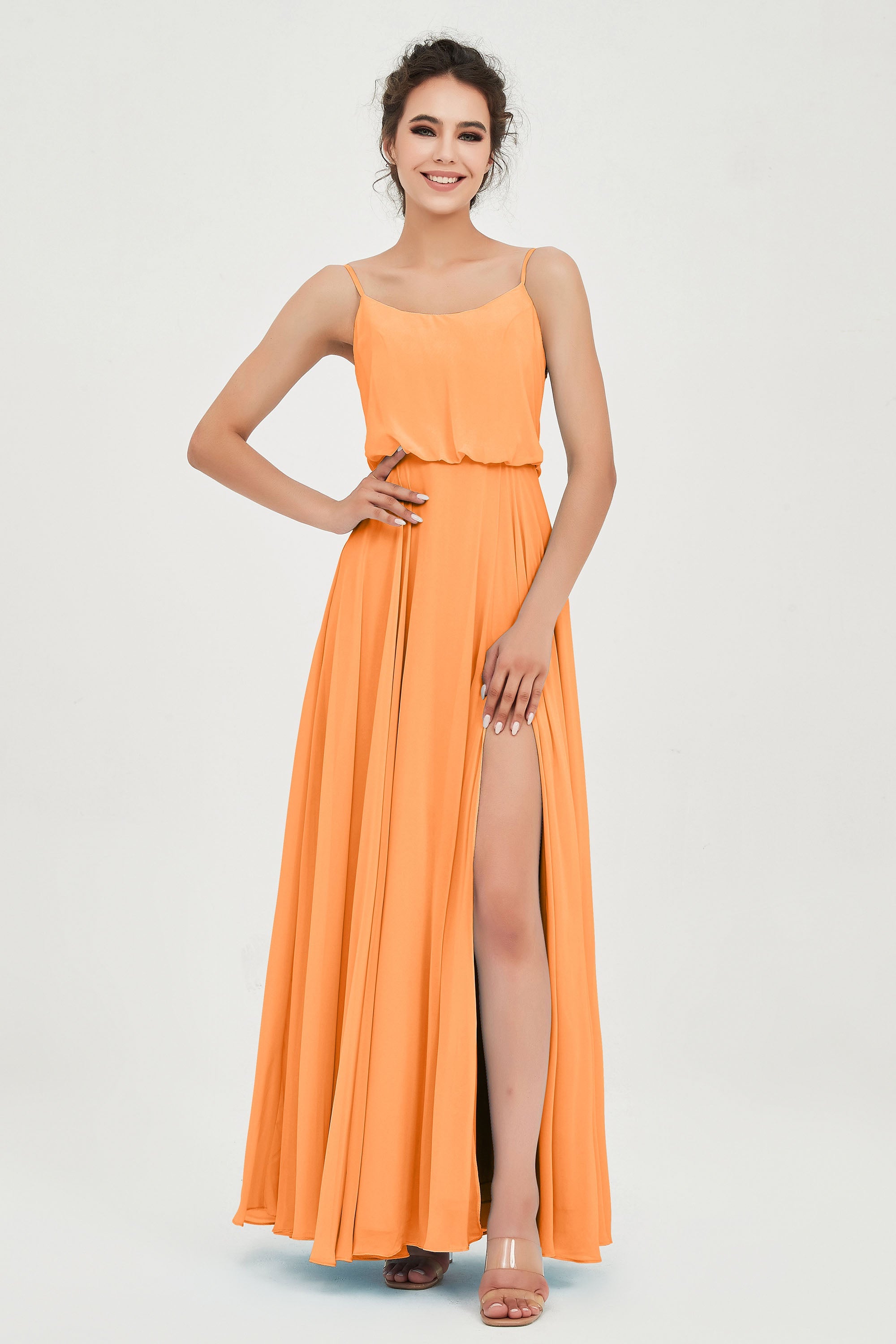 Spaghetti Straps Chiffon A Line Bridesmaid Dress Long Ruched Formal Evening Dresses with Slit