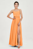 Spaghetti Straps Chiffon A Line Bridesmaid Dress Long Ruched Formal Evening Dresses with Slit