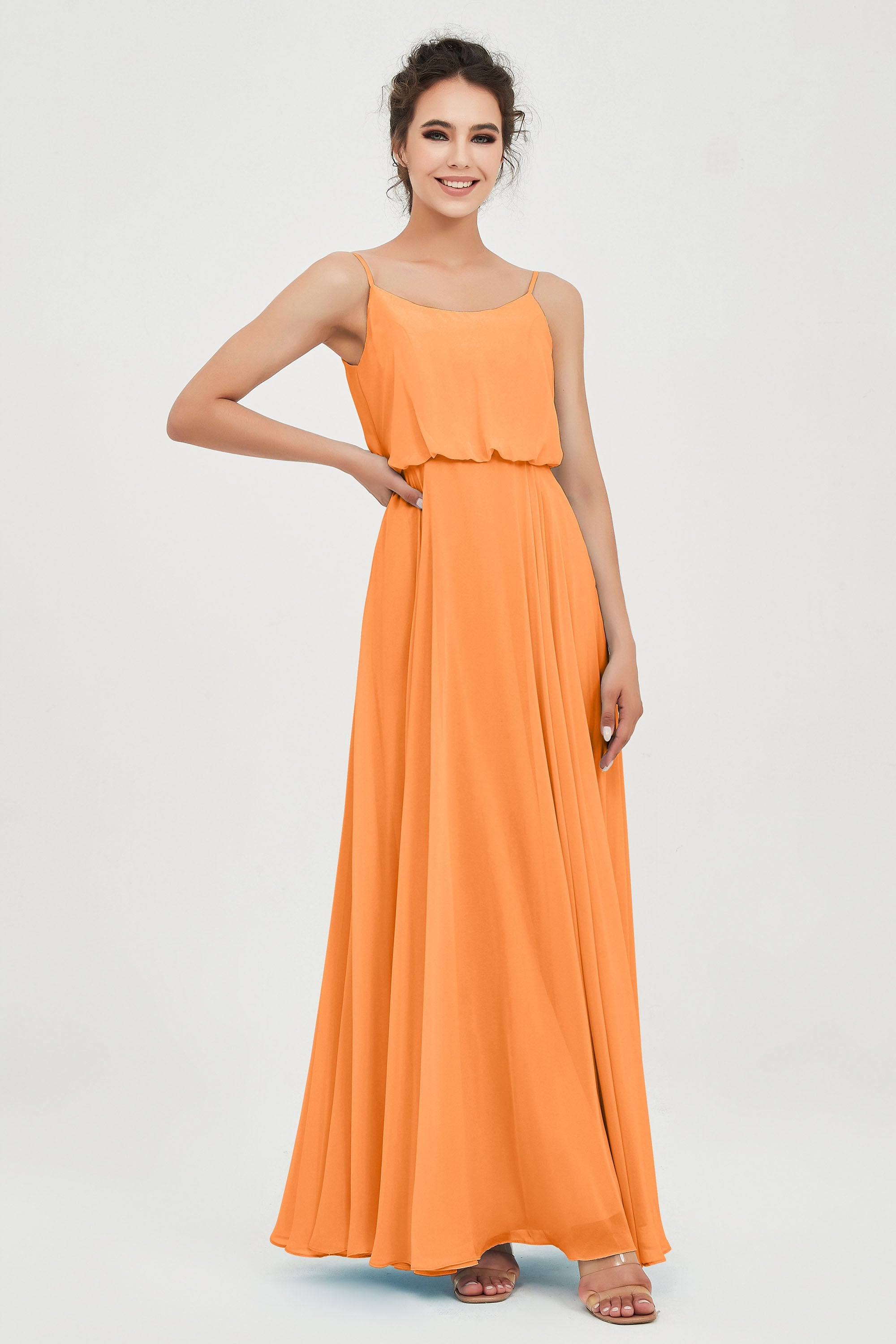 Spaghetti Straps Chiffon A Line Bridesmaid Dress Long Ruched Formal Evening Dresses with Slit