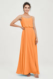 Spaghetti Straps Chiffon A Line Bridesmaid Dress Long Ruched Formal Evening Dresses with Slit