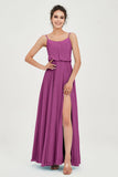 Spaghetti Straps Chiffon A Line Bridesmaid Dress Long Ruched Formal Evening Dresses with Slit